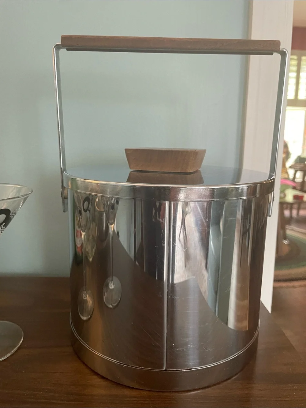 Kromex Stainless Steel Vintage Ice Bucket Teak Wood Hand And Knob MCM